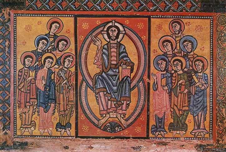 Cristo rodeado por el colegio Apostólico . Frontal de la Seu d'Urgell (Barcelona, MNAC). Principios del siglo XII.