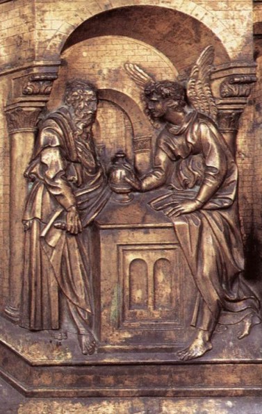 Jacopo delle Quercia. Anunciación a Zacarías (Siena, baptisterio). 1428-1430. 