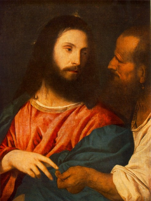 Tiziano. El pago del tributo (Dresden, Gemäldegalerie). 1516.