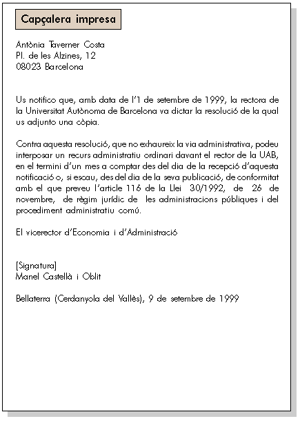 Exemple 1 de la notificació de la resolució