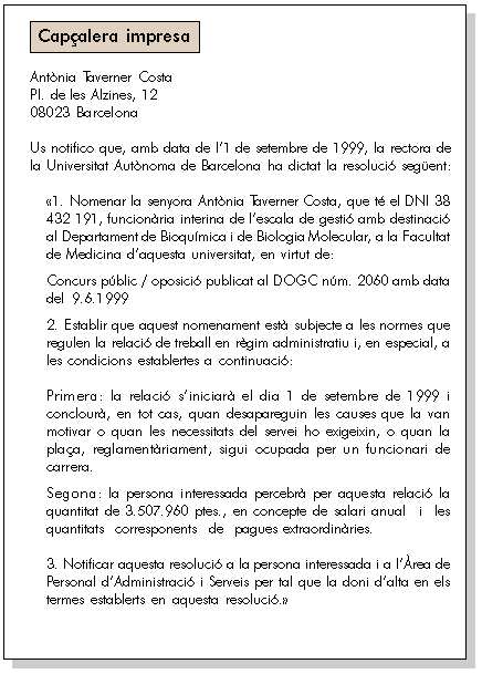 Exemple 2 de la notificació de la resolució (1a pàgina)