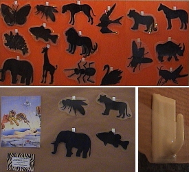 Expositor de siluetes d'animals; quadre amb siluetes ja identificades; sistema de fixació (ganxo)