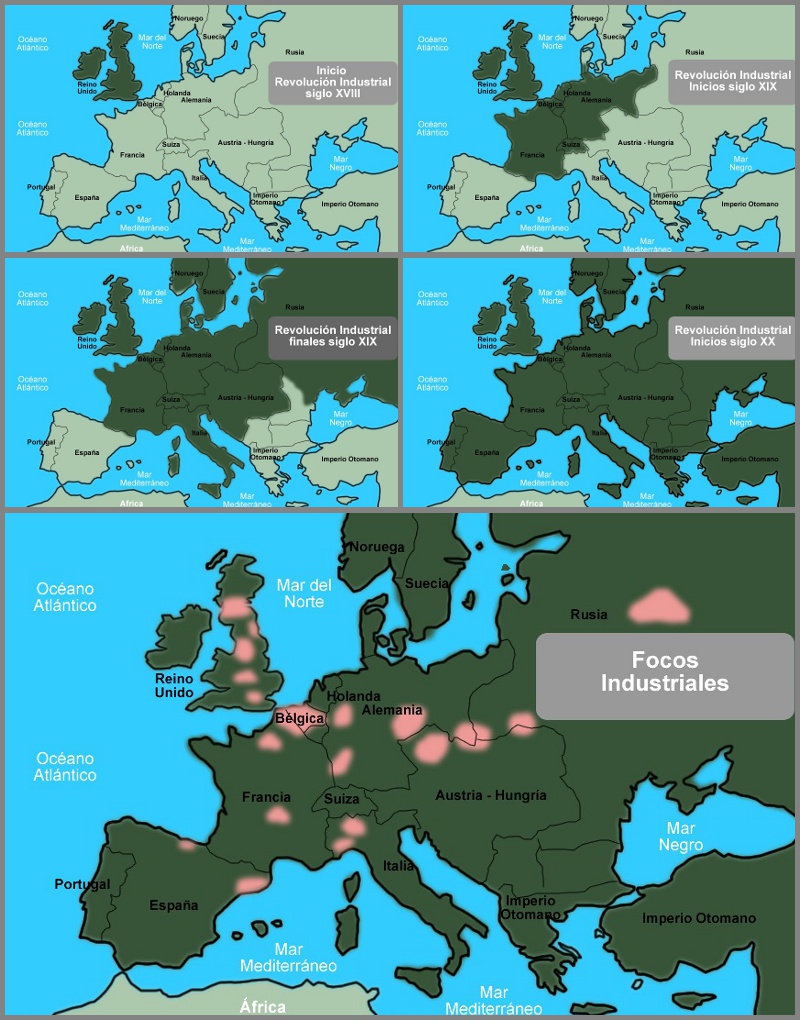 mapa sobre la difusió de la Revolució Industrial, en http://www.educando.edu.do/articulos/estudiante/la-revolucin-industrial/