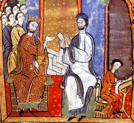 Barcelona. Miniatura del Liber Feudorum Maior que representa Ramon de Caldes llegint uns documents al rei Alfons el Cast. Segle XII. ACA.