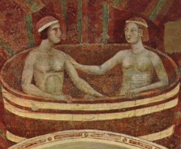 San Gimignano (It�lia). Mural. Escena nupcial.Memo di Filipuccio. Segle XIII. Museo C�vico