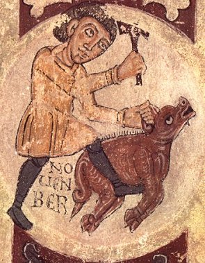 Lle�. Sant Isidor. Novembre, matan�a del porc. Segle XII. Autoritzaci� col�legiata de Sant Isidor.