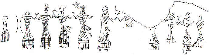 Castell d'Oroners. Grafitti amb una dansa. Dibuix (P.Bertran/F.Fit)