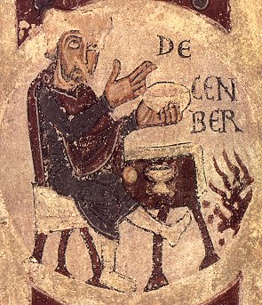 Fragment de mural que representa el mes de desembre. Lle. Sant Isidor. Segle XII. 