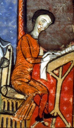 Barcelona. Fragment d'una miniatura del Liber Feudorum Maior que representa un escriv amb el seu escriptori. Segle XII. ACA. 
