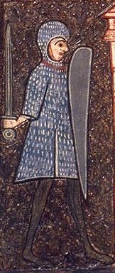 Barcelona. Fragment del frontal de Sant Pere de Bo que representa un soldat armat amb escut i espasa. Segle XII. MNAC. Foto(Mrida/Sagrist/Calveras).