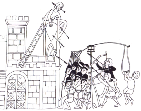 Assalt a una fortalesa. Dibuix i adaptaci d'un original sicili del segle XII. Dibuix (E.Barrobs).