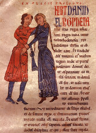 Lle�. Sant Isidor. B�blia. Parella formant la lletra I. S.XII