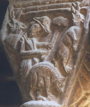 Santa Maria de l'Estany. Capitell amb una escena de la matana del porc. Segle XII. Foto (X.Xort).