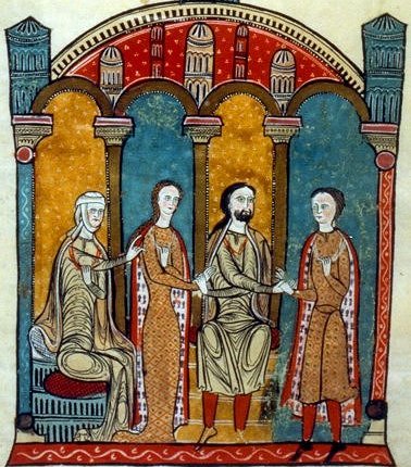 MECD.ACA.LFM.fol.78v El vescomte Bernat At� de B�ziers i la seva muller donen la seva filla Ermengardis en matrimoni al comte Gausfred III de Rossell�.