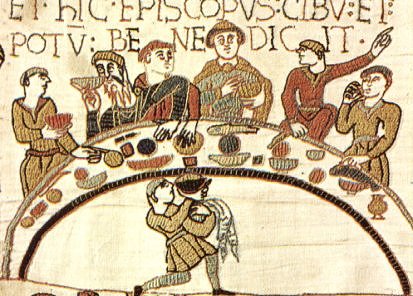 Bayeux. Fragment del taps que representa uns nobles menjant. Segle XII. Autoritzaci Ciutat de Bayeux.