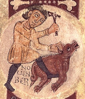 Lle. Sant Isidor. Fragment de mural que representa el mes de novembre amb la matana del porc. Segle XII.