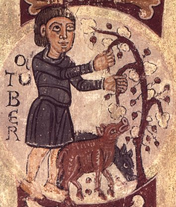 Lle�. Sant Isidor. Pante� dels reis. Mural. Mes d'octubre, recol.lecci� d'aglans i pastura dels porcs. Segles XI-XII. Autoritzaci� col�legiata de Sant Isidor. 