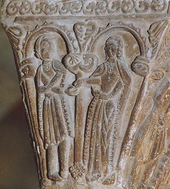 Sta. Maria de l'Estany. Capitell amb una cerim�nia d'esposalles. s.XII foto(X.Xort�)