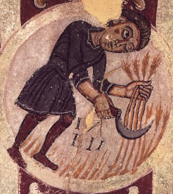 Lle. Sant Isidor. Fragment de mural que representa el mes de juliol amb la imatge d'un seglador.