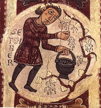 Lle. Sant Isidor. Fragment de mural que representa el mes de setembre amb la verema. Segle XII.