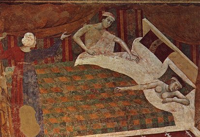 San Gimignano (It�lia). Mural. Escena nupcial. Memo di Filipuccio. Segle XIII. Museo C�vico