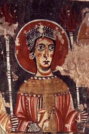 Barcelona. Fragment del mural de Sant Quirze de Pedret. Detall d'una verge prudent on es pot veure que va enjoiada. Segle XII. MNAC. Foto(M�rida/Sagrist�/Calveras).