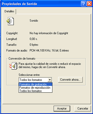Elecci formatos de grabacin del fitxer propiedades del sonido