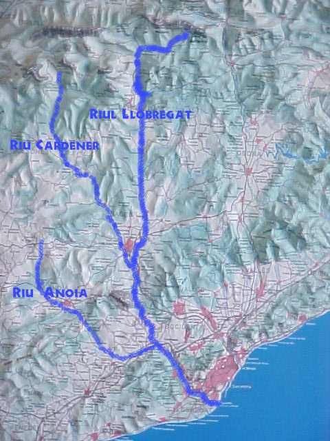 Mapa con los cursos del Llobregat, Cardener  y Anoia.