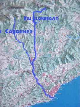 Mapa del curso del Llobregat con  el Cardener.