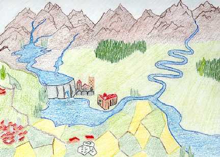 Mapa del curso del río con tres zonas interactivas: nacimiento, afluente y embalse.