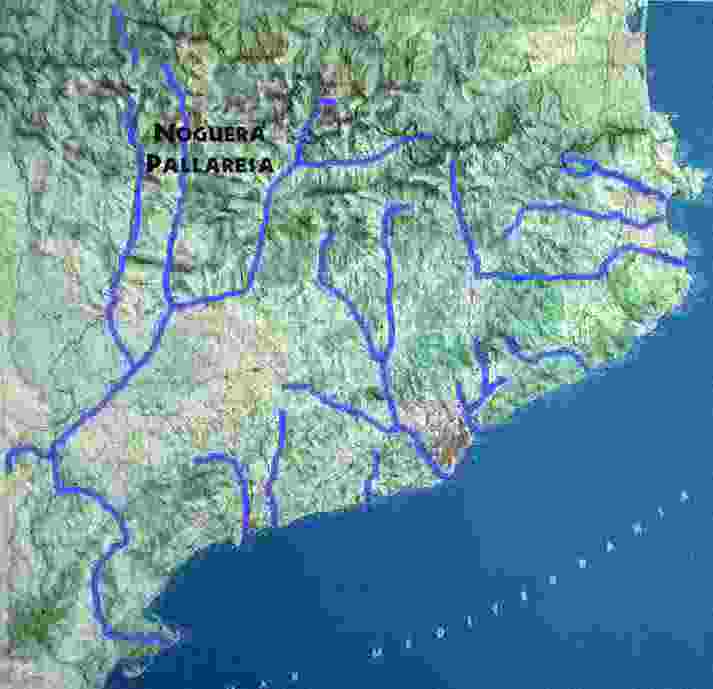 Mapa de Catalunya. La Noguera Pallaresa marcada.