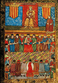 Boix acolorit que representa les Corts Reials de la corona catalanoaragonesa (edició de les Constitucions de Catalunya, incunable del 1495).