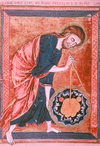 Deú com a Geometre : Österreichische Nationalbibliothek, 2554, fol.1 (frontispiece), Bible Moralisée, Reims, c. 1250.