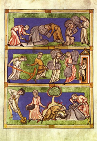 Fragment eines Jungfrauenspiegels, Speculum Virginum, Szene: Erntebild. 1310. Guerra anomenada dels Remences