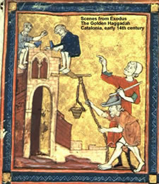 Scenes from Exodus. The golden Haggadah. Catalonia 14th century.