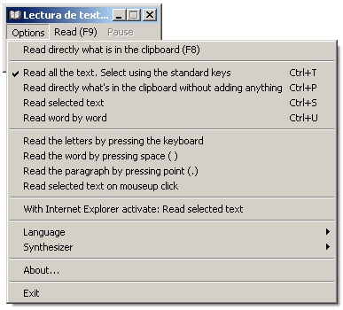 Screen showing menus of Lectura de textos