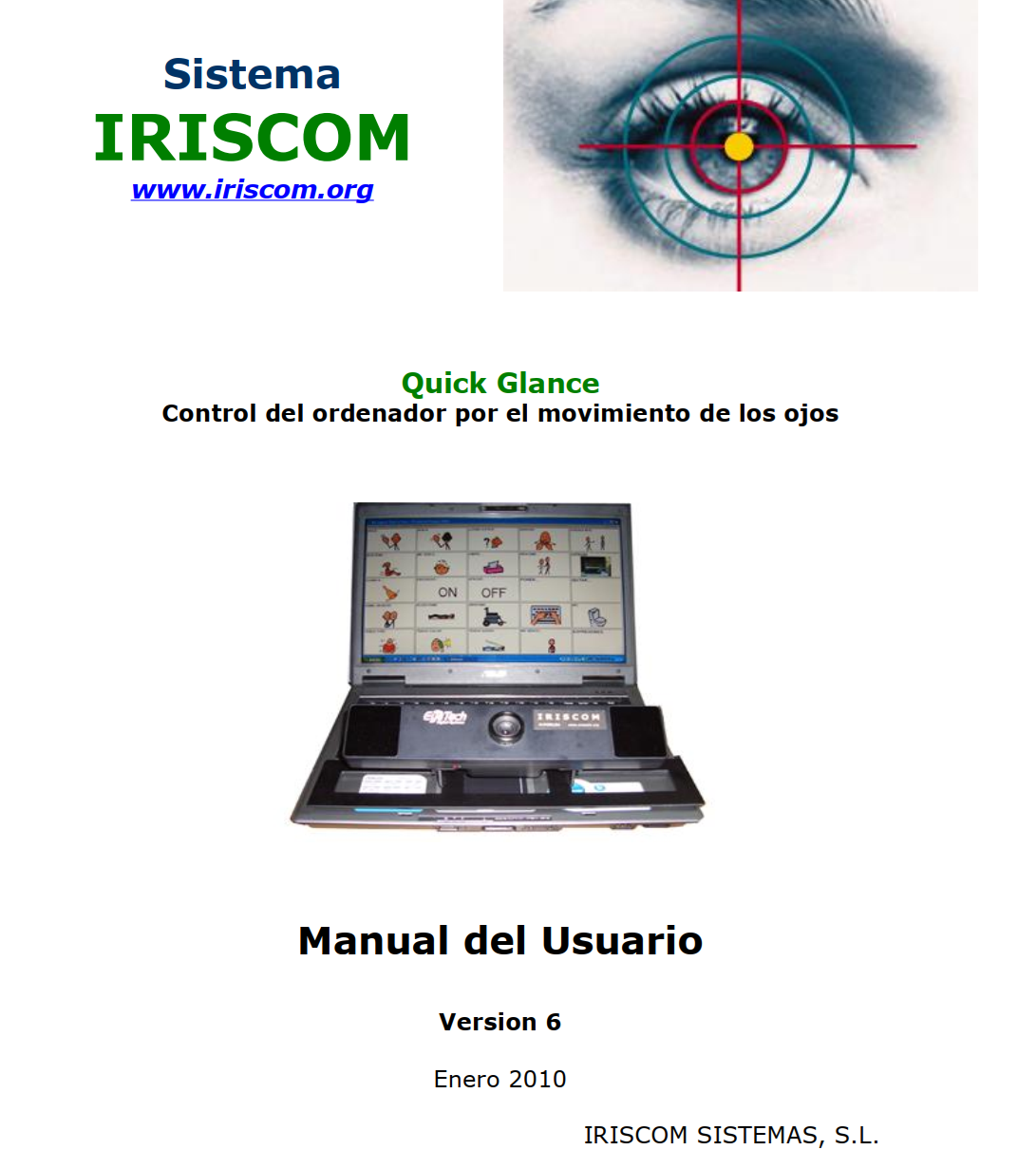 Pgina inical del manual del Iriscom donde se muetra un porttil que la pantalla muestra Plaphoons con un teclado para poder escribir directamente y permitir la comunicacin