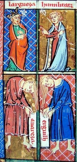 Miniatures de "Lo Breviari d'amor" de Matfre  Ermengau on apareixen dues característiques del veritable amor cortès i les seves contràries: generositat-avarícia, humilitat-orgull.
