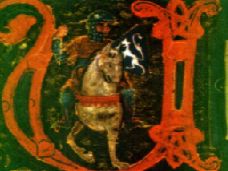 Guillem de Berguedà a cavall. Miniatura, molt semblant a la de Bertran de Born, en un Cançoner del segle XIII