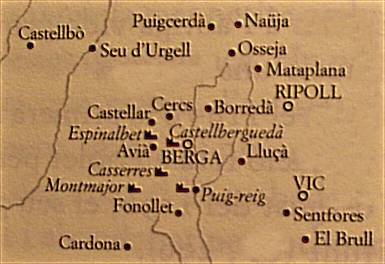 Mapa amb els castells de Guillem de Berguedà i alguns topònims relacionats amb el trobador (del llibre de Martí de Riquer "Les poesies del trobador Guillem de Berguedà")