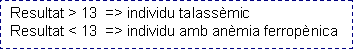Cuadro de texto: Resultat > 13  => individu talassèmic  Resultat < 13  => individu amb anèmia ferropènica  