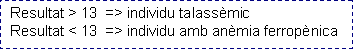 Cuadro de texto: Resultat > 13  => individu talassèmic  Resultat < 13  => individu amb anèmia ferropènica  