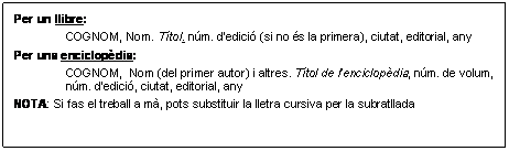 Cuadro de texto: Per un llibre:
COGNOM, Nom. Ttol. nm. dedici (si no s la primera), ciutat, editorial, any
Per una enciclopdia:
COGNOM,  Nom (del primer autor) i altres. Ttol de lenciclopdia, nm. de volum, nm. dedici, ciutat, editorial, any
NOTA: Si fas el treball a m, pots substituir la lletra cursiva per la subratllada

