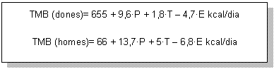 Cuadro de texto: TMB (dones)= 655 + 9,6•P + 1,8•T – 4,7•E kcal/dia
TMB (homes)= 66 + 13,7•P + 5•T – 6,8•E kcal/dia
