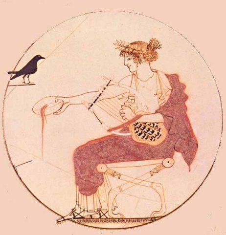 Apollo fent una libaci. Kylix, c. 480, Delfos, Museu